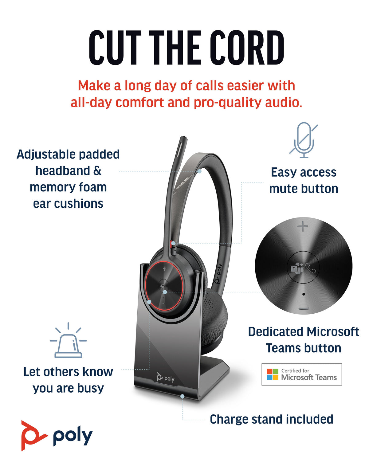 HP Poly Voyager 4320 UC Stereo USB-A Headset +BT700 USB-A Adapter +Charging Stand