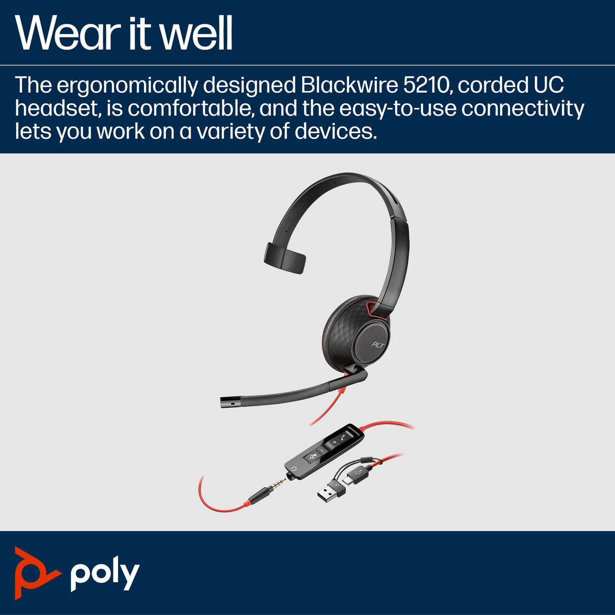 Poly Blackwire 5210 Monaural USB-C Headset +3.5mm Plug +USB-C/A Adapter