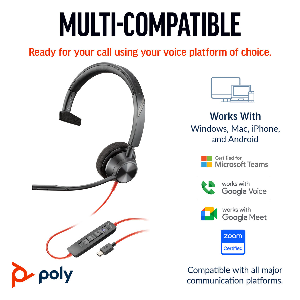 HP Poly Blackwire 3310 Monaural USB-C Headset +USB-C/A Adapter