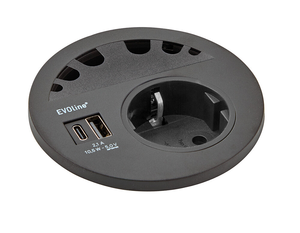 EVOline Cirkel 80 VDE scokets + usb A/C and cable holes 6 pcs fix cable 3,0 meter VDE Plug