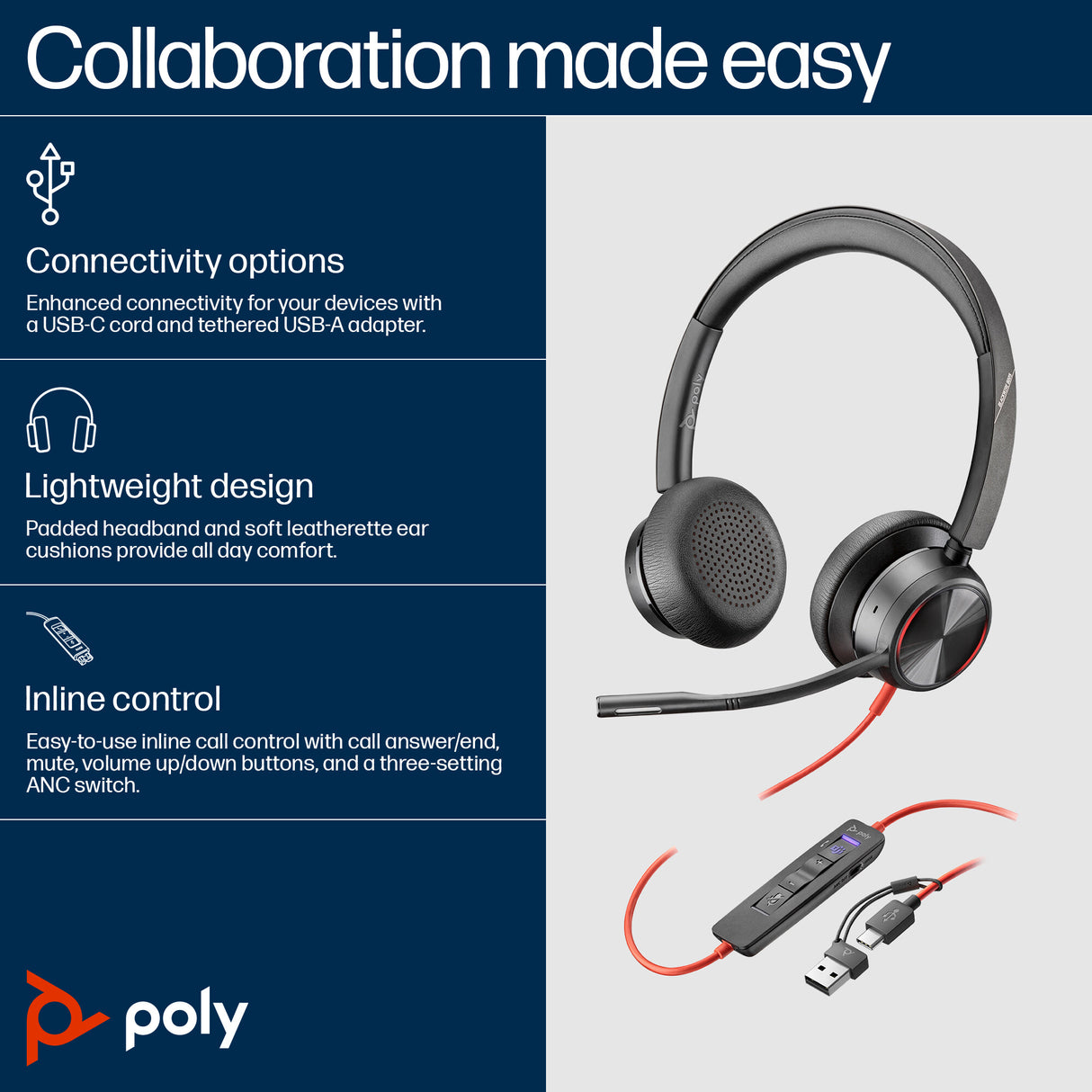 HP Poly Blackwire 8225 Stereo Microsoft Teams Certified USB-C Headset +USB-C/A Adapter