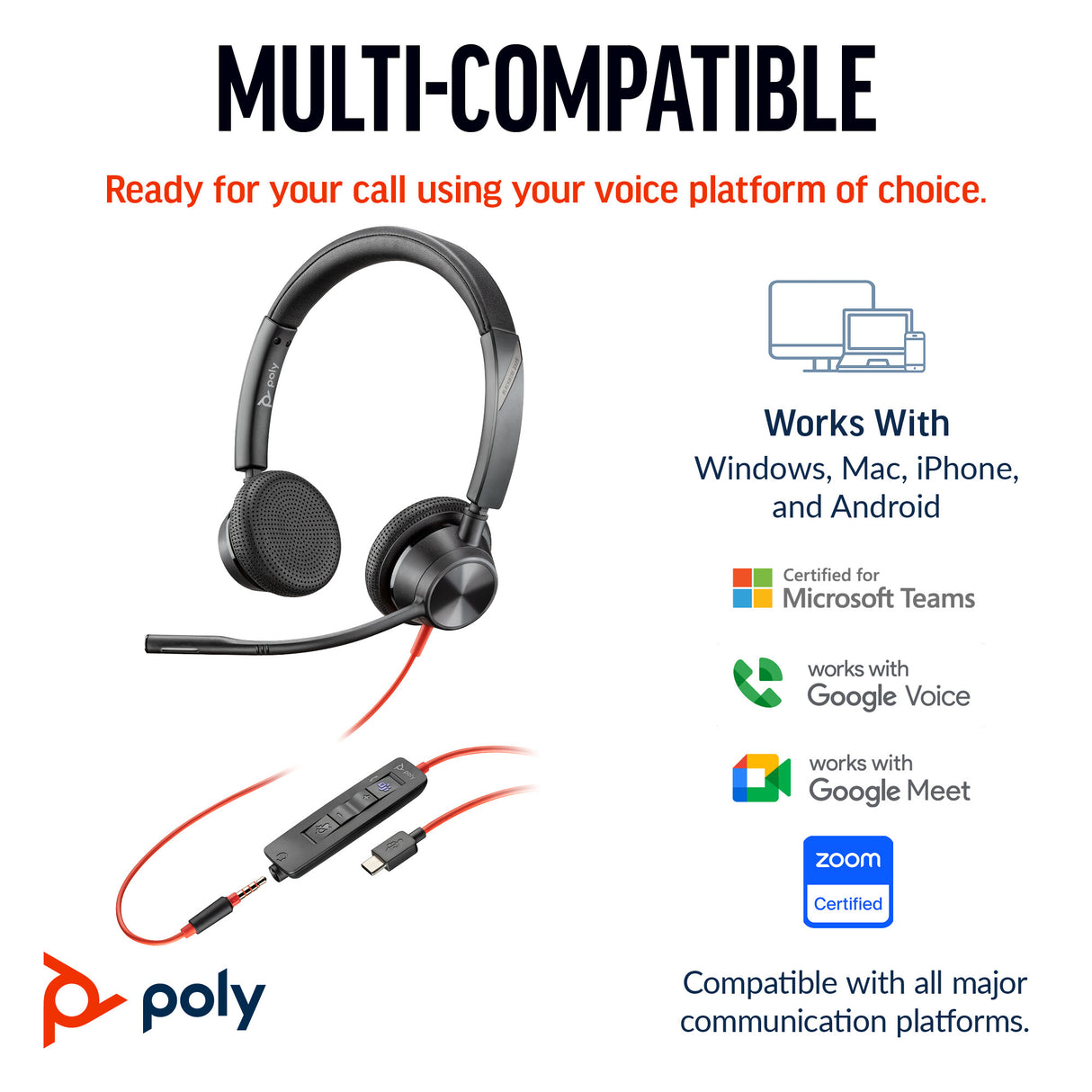 HP Poly Blackwire 3325 Stereo USB-C Headset +3.5mm Plug +USB-C/A Adapter