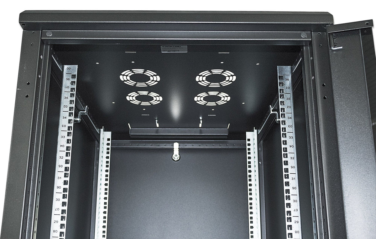 Intellinet 19" Network Cabinet - Free Standing, 42U, 600x600mm (width x depth), Black, Assembled, Max 1500kg, Multi-Point Door Lock, One Lock Per Side Panel, Usable Depth 123 to 373mm, IP20 rated, Rack, Steel