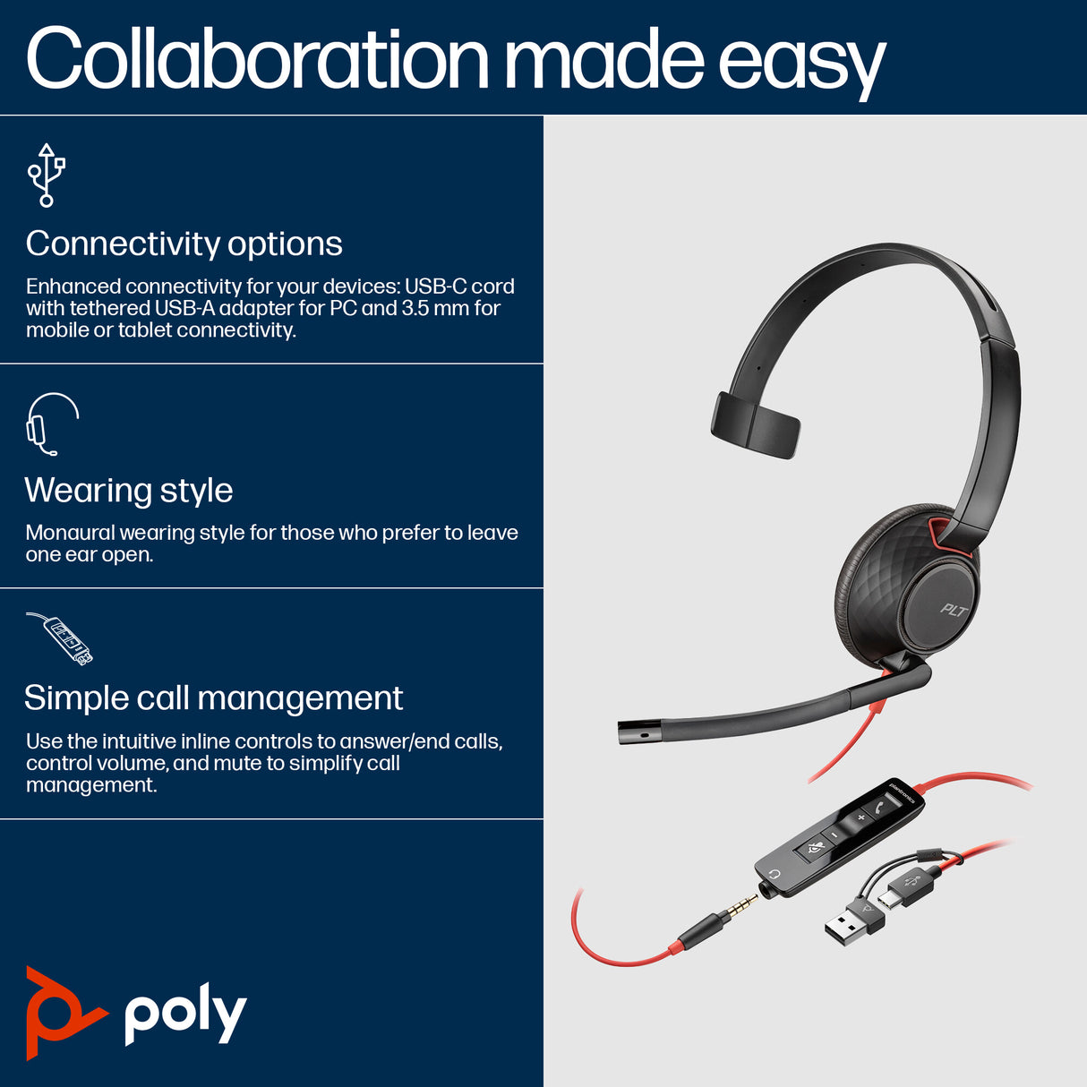 Poly Blackwire 5210 Monaural USB-C Headset +3.5mm Plug +USB-C/A Adapter