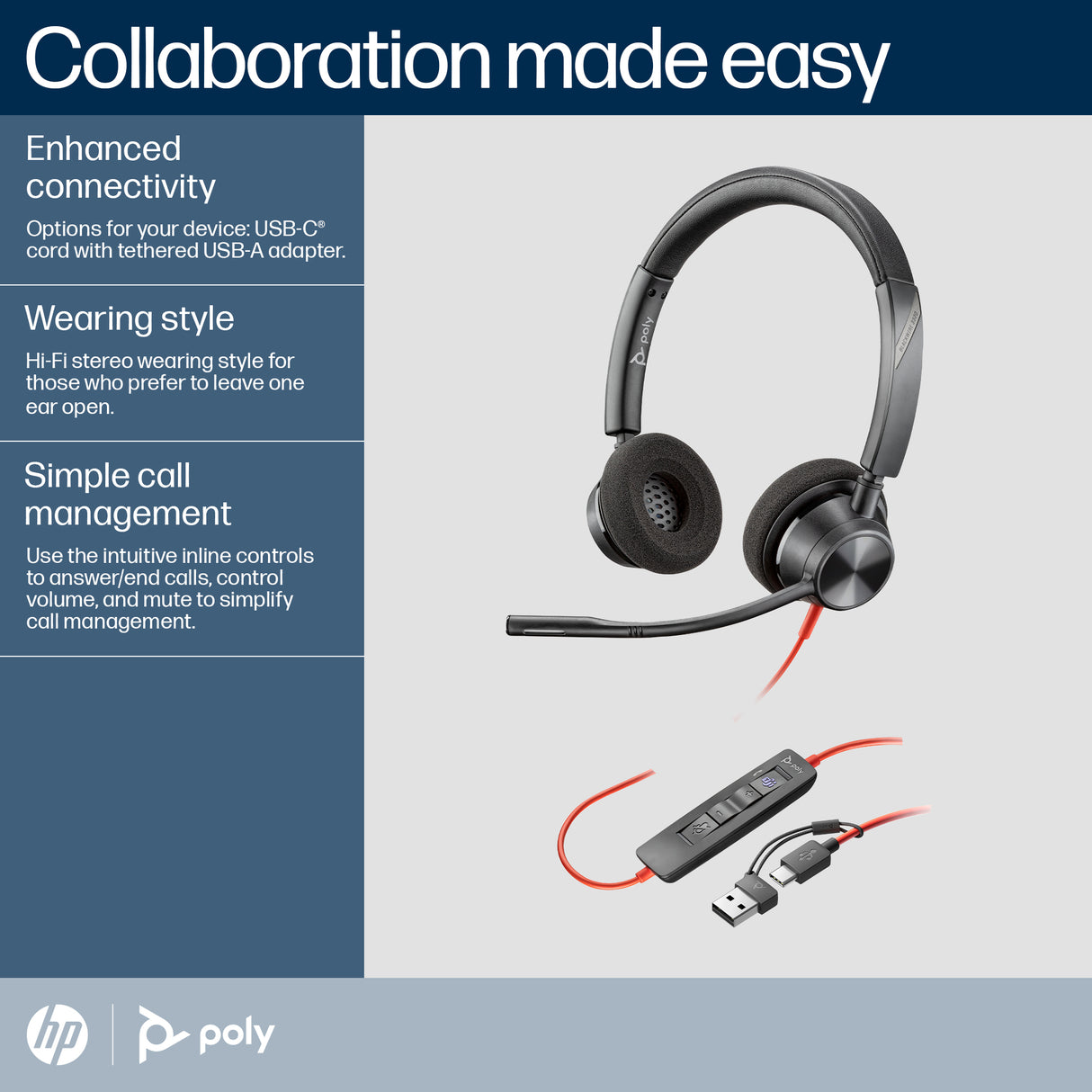 HP Poly Blackwire 3320 Stereo Microsoft Teams Certified USB-C Headset +USB-C/A Adapter