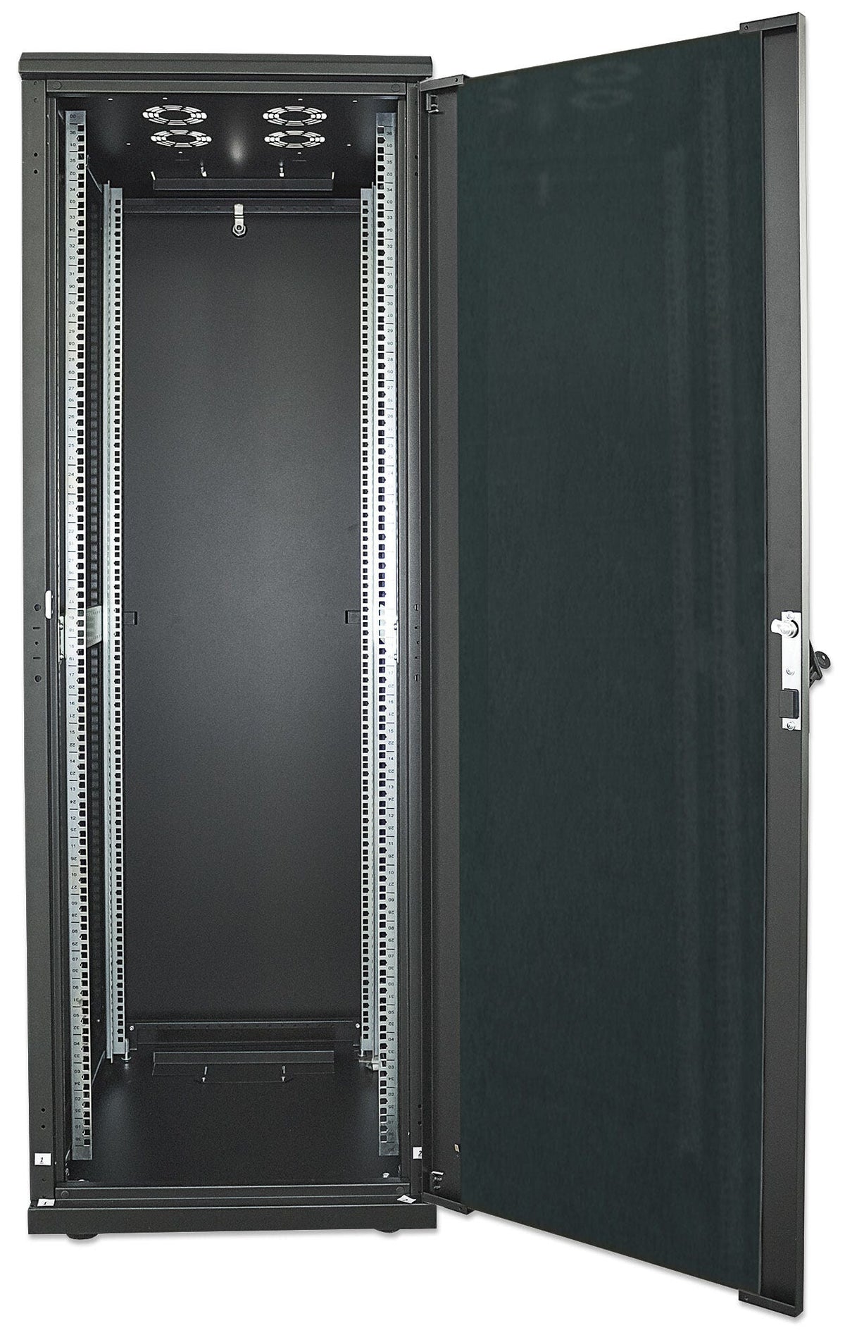 Intellinet 19" Network Cabinet - Free Standing, 42U, 600x600mm (width x depth), Black, Assembled, Max 1500kg, Multi-Point Door Lock, One Lock Per Side Panel, Usable Depth 123 to 373mm, IP20 rated, Rack, Steel