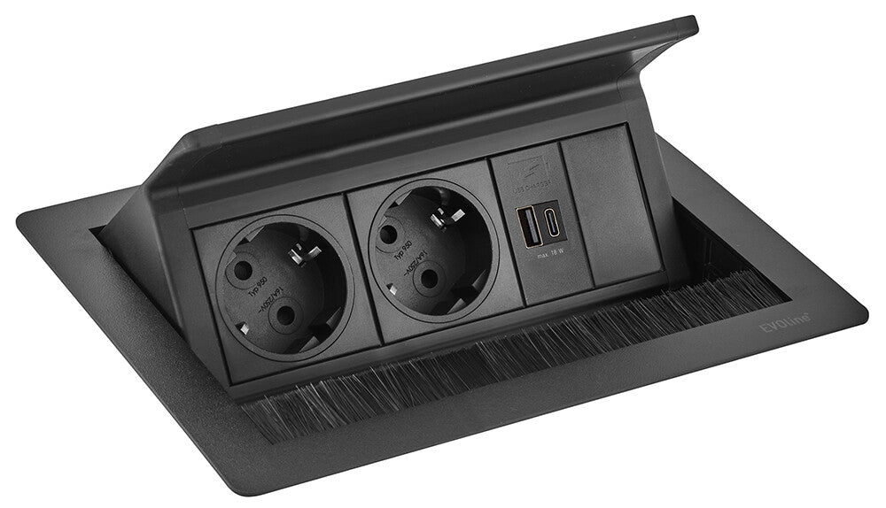 EVOline Flip Top Push Small, Black 2 Sockets VDE 1 X USB A/C 18 watt, 0,5 meter GST 18