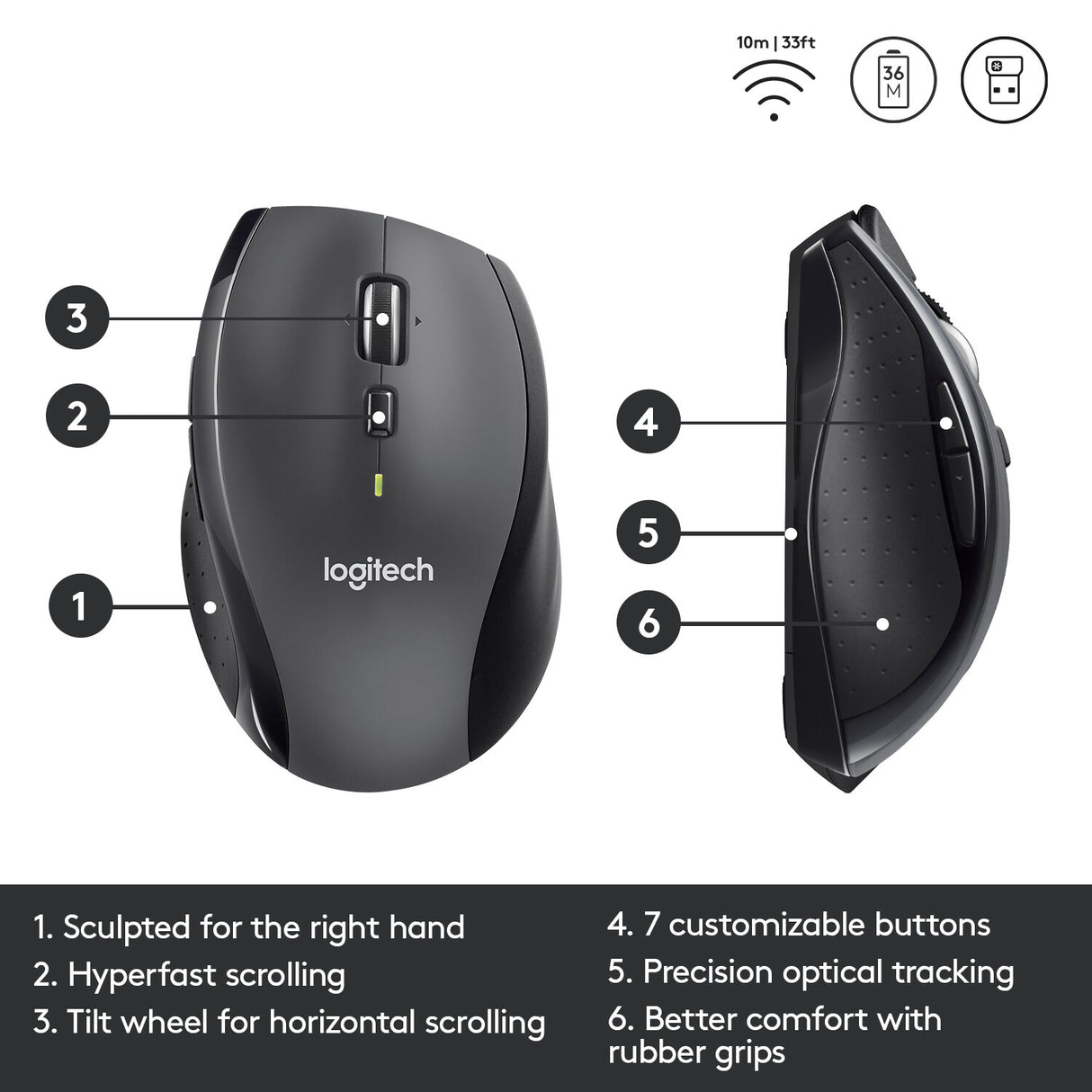 LOGITECH M705 Mouse right-handed laser wireless 2.4 GHz USB wireless receiver grey