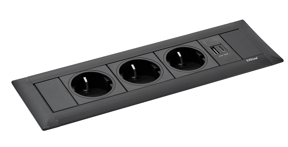 EVOline Frame Dock, Black 3 Sockets VDE 1 X USB A/C 18 watt, 0,5 meter GST 18