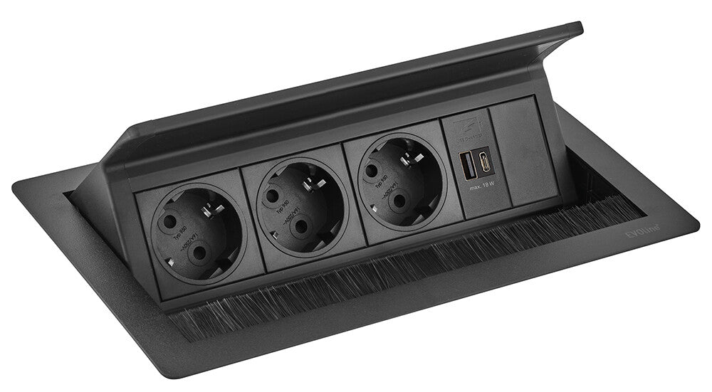 EVOline Flip Top Push Medium, Black 3 Sockets VDE 1 X USB A/C 18 watt, 0,5 meter GST 18