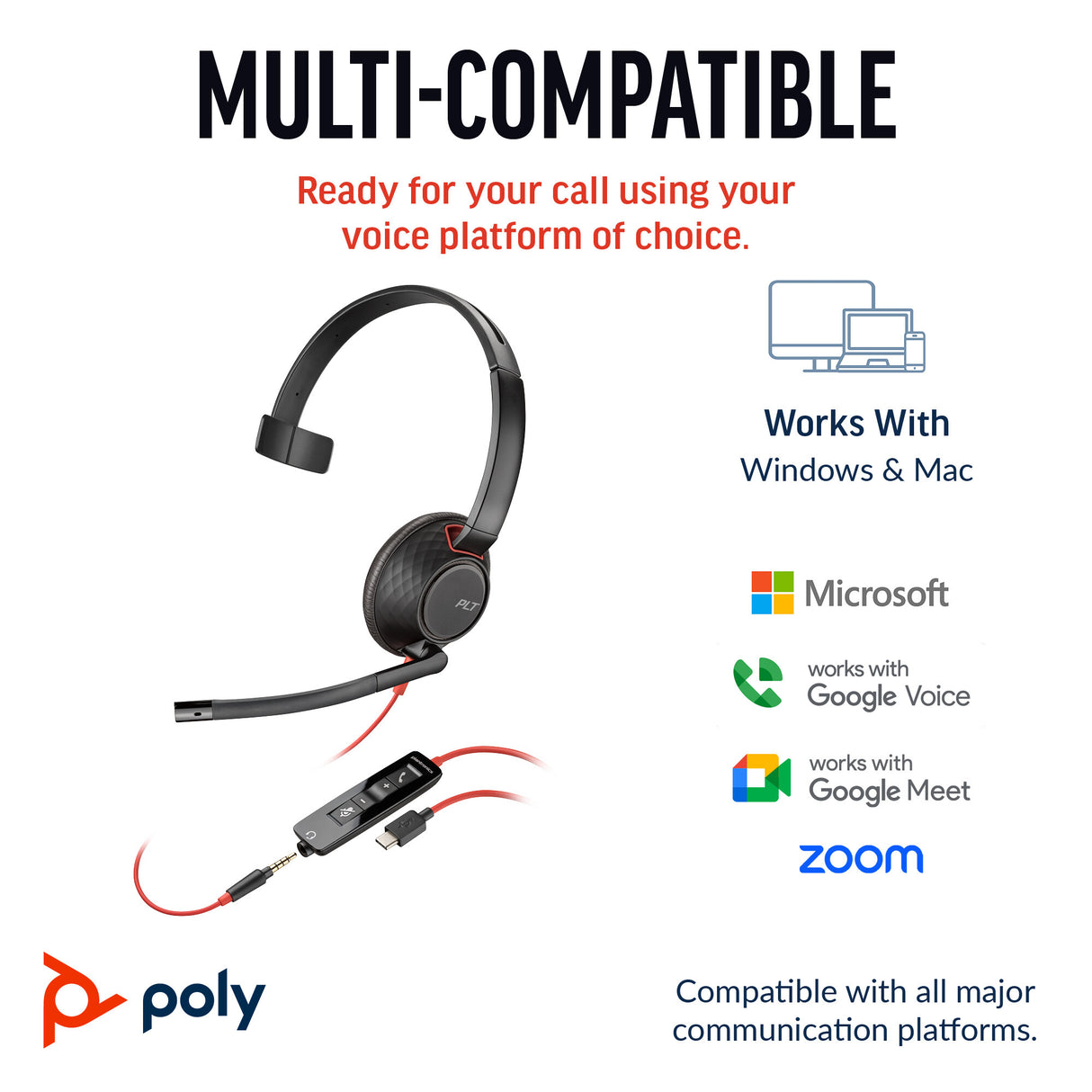 Poly Blackwire 5210 Monaural USB-C Headset +3.5mm Plug +USB-C/A Adapter