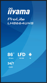 iiyama LH8664UHS-B3AG Signage Display Digital signage flat panel 2.17 m (85.6") Wi-Fi 500 cd/m² 4K Ultra HD Black Built-in processor Android 24/7