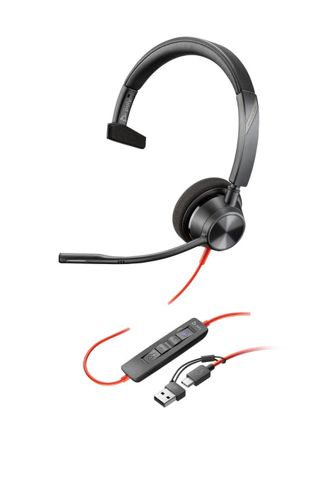 Poly Blackwire 3310 Monaural Microsoft Teams Certified USB-C Headset +USB-C/A Adapter