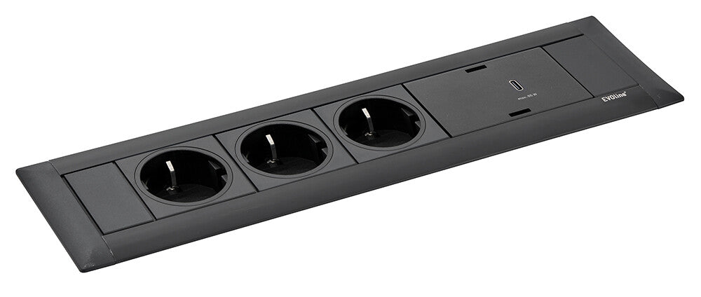 EVOline Frame Dock, Black 3 Sockets VDE 1 X 1 USB C 65 watt, 0,5 meter GST 18