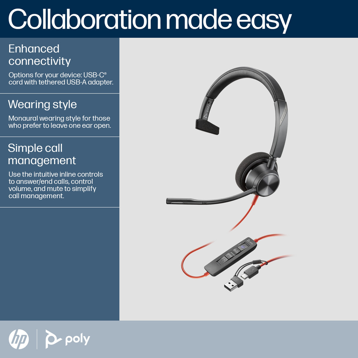 Poly Blackwire 3310 Monaural Microsoft Teams Certified USB-C Headset +USB-C/A Adapter