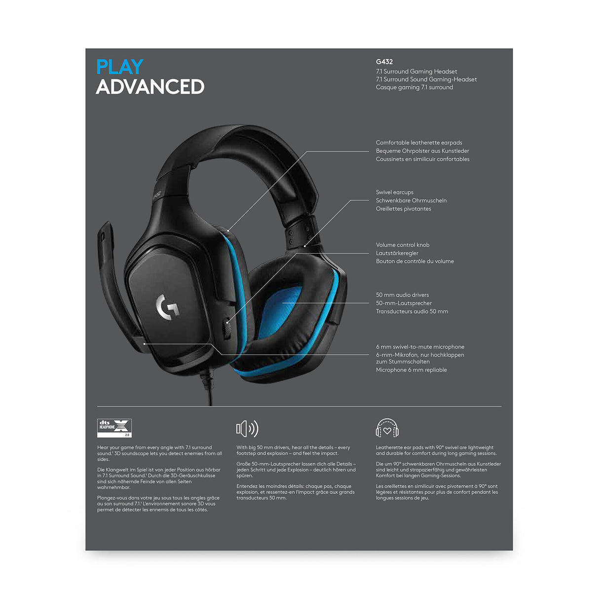 Logitech G G432 Headset Ledningsført Spil Sort, Blå