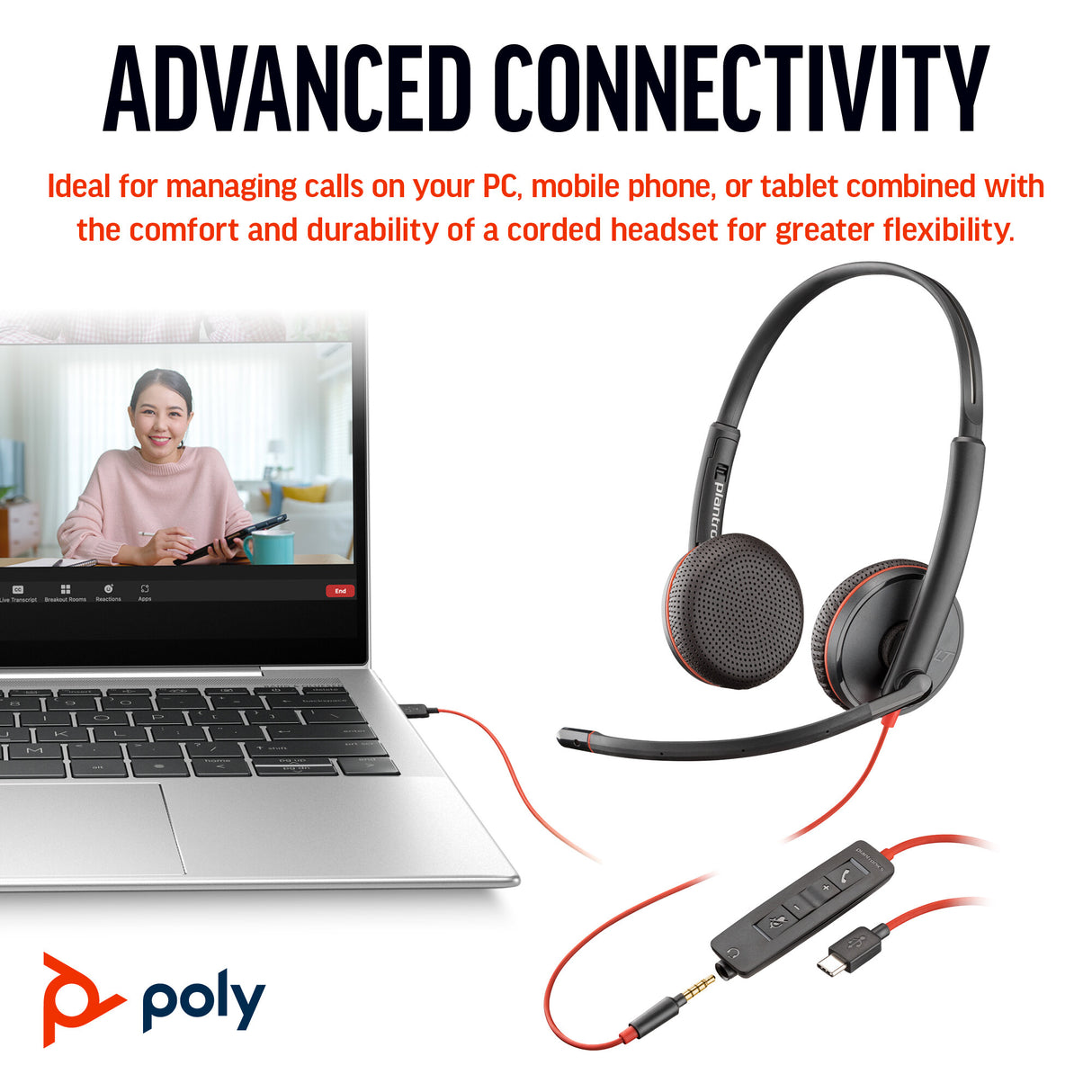 Poly Blackwire 3225 Stereo USB-C Headset +3.5mm Plug +USB-C/A Adapter (Bulk)