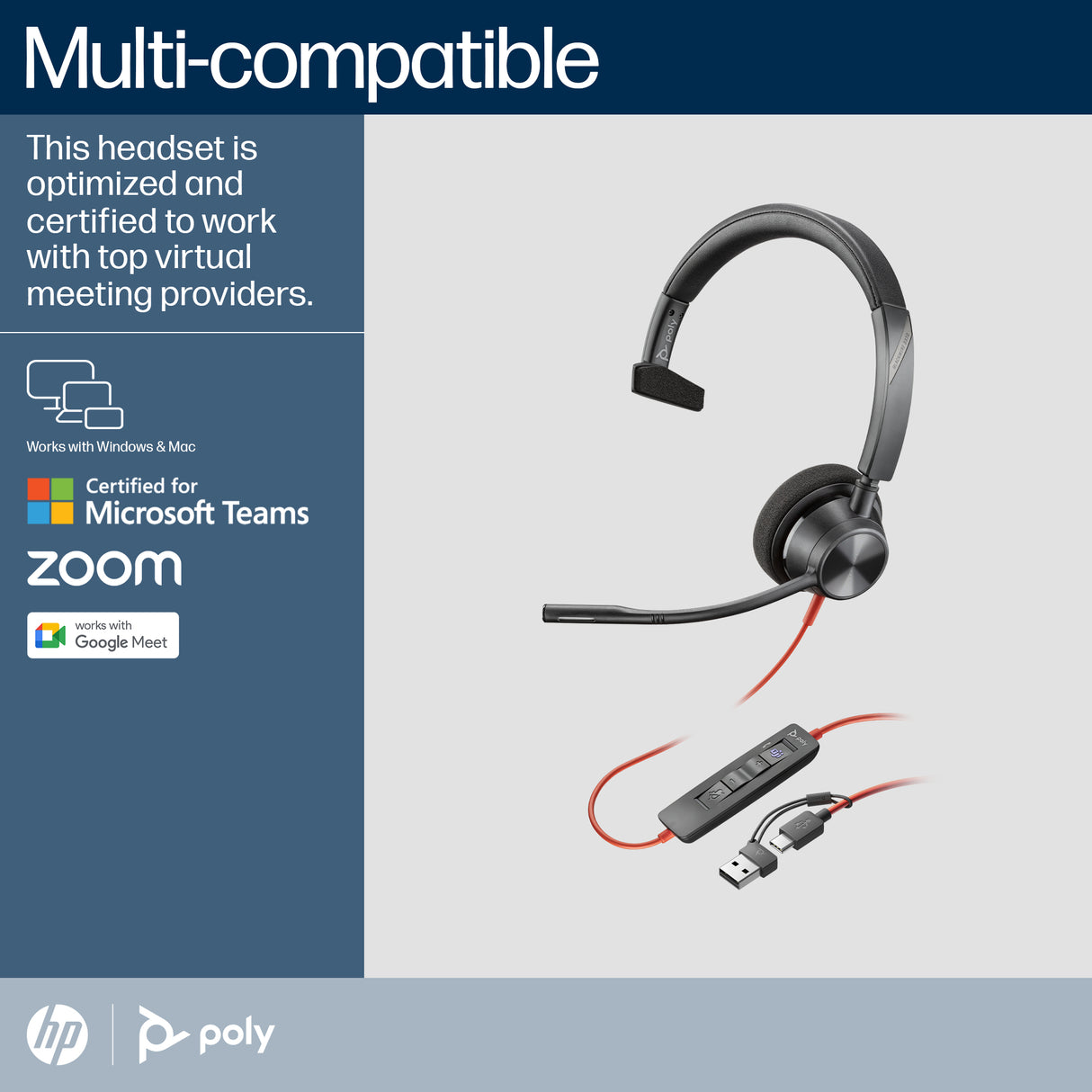 HP Poly Blackwire 3310 Monaural Microsoft Teams Certified USB-C Headset +USB-C/A Adapter