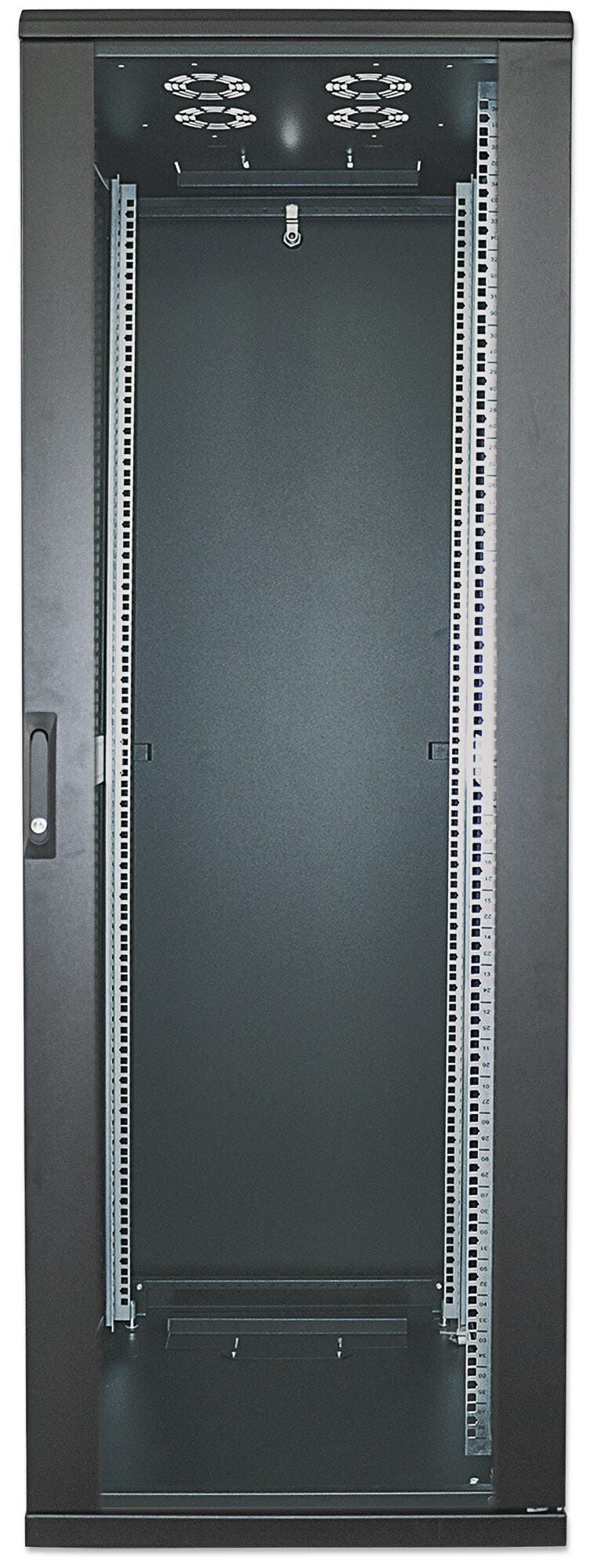 Intellinet 19" Network Cabinet - Free Standing, 42U, 800x800mm (width x depth), Black, Assembled, Max 1500kg, Multi-Point Door Lock, One Lock Per Side Panel, Usable Depth 123 to 573mm, IP20 rated, Rack, Steel