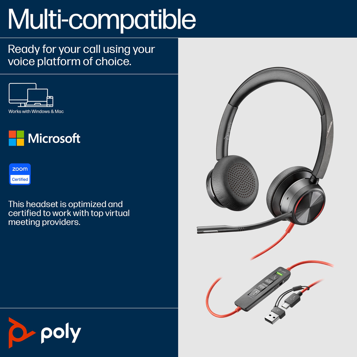 Poly Blackwire 8225 Stereo USB-C Headset +USB-C/A Adapter