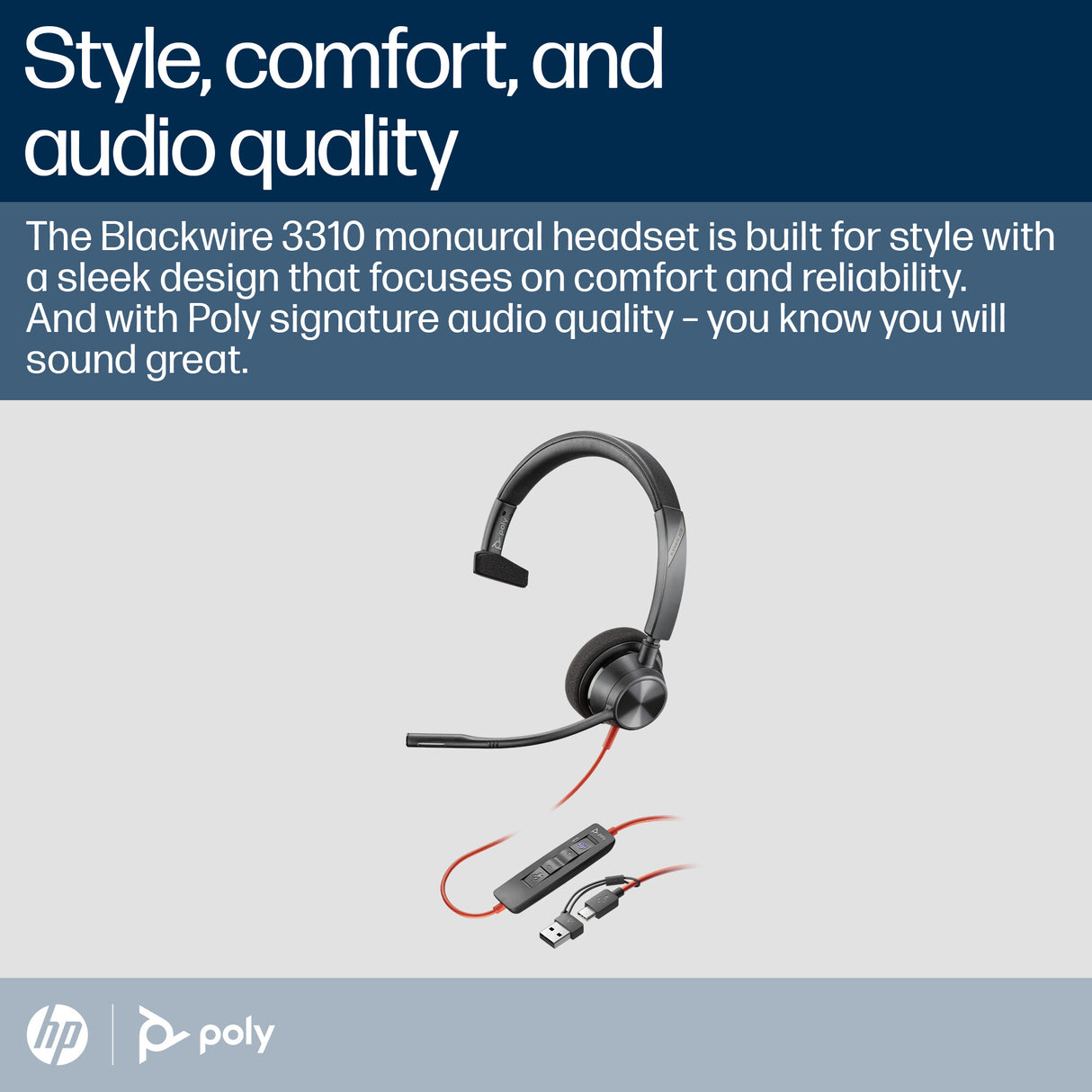 Poly Blackwire 3310 Monaural Microsoft Teams Certified USB-C Headset +USB-C/A Adapter