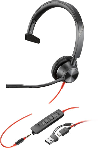 Poly Blackwire 3315 Monaural USB-C Headset +3.5mm Plug +USB-C/A Adapter