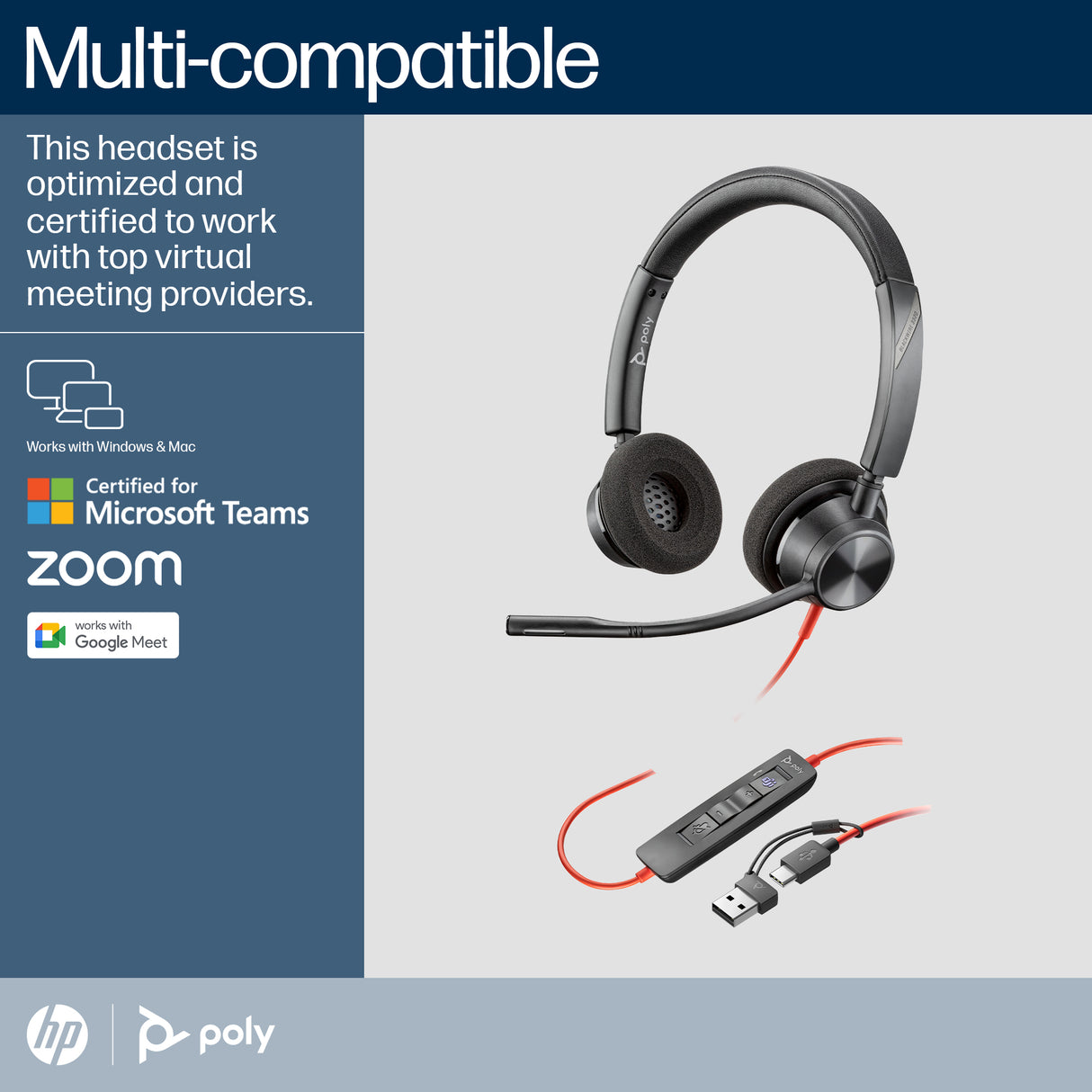 HP Poly Blackwire 3320 Stereo Microsoft Teams Certified USB-C Headset +USB-C/A Adapter