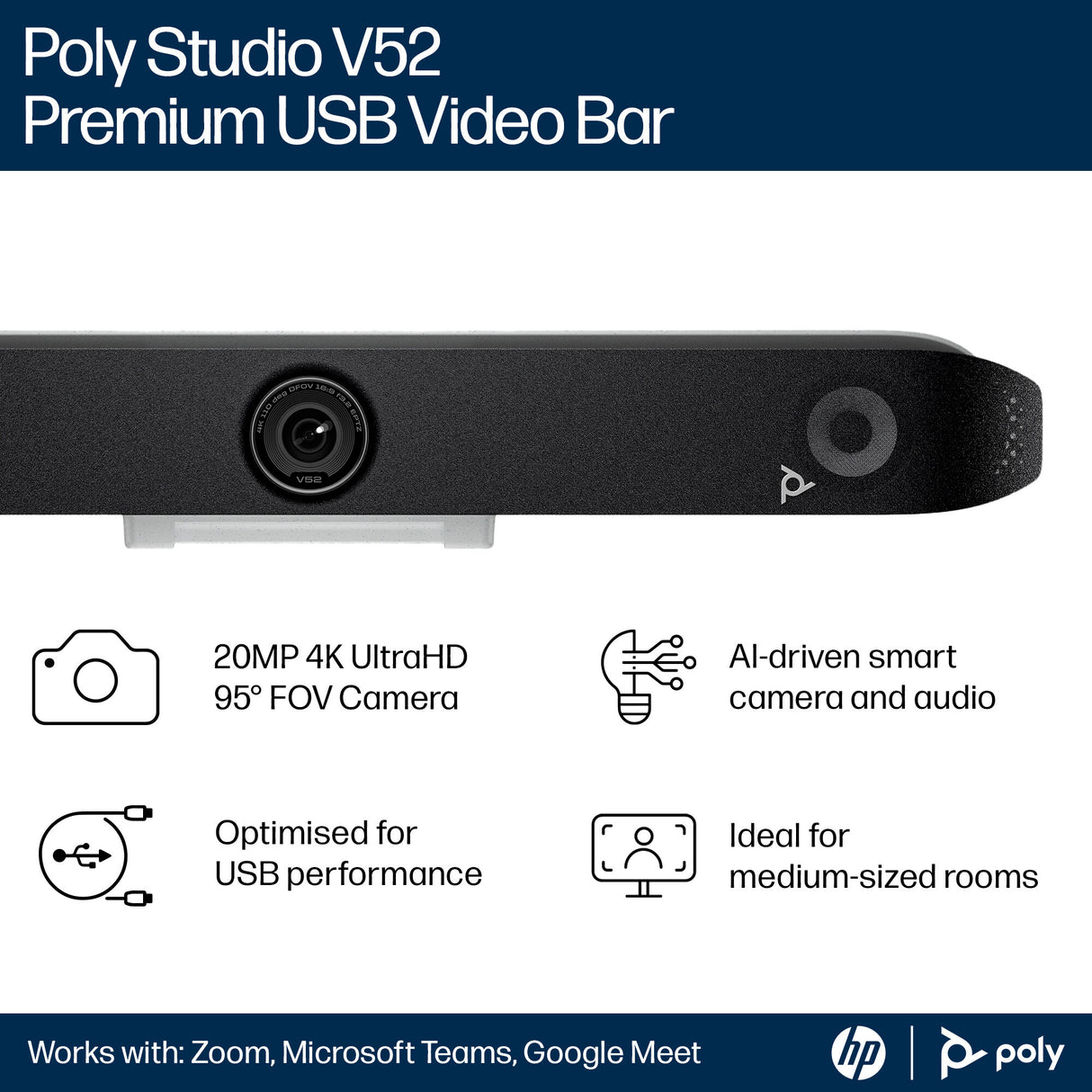 HP Poly Poly Studio V52 USB Video Bar No Power Cord TAA