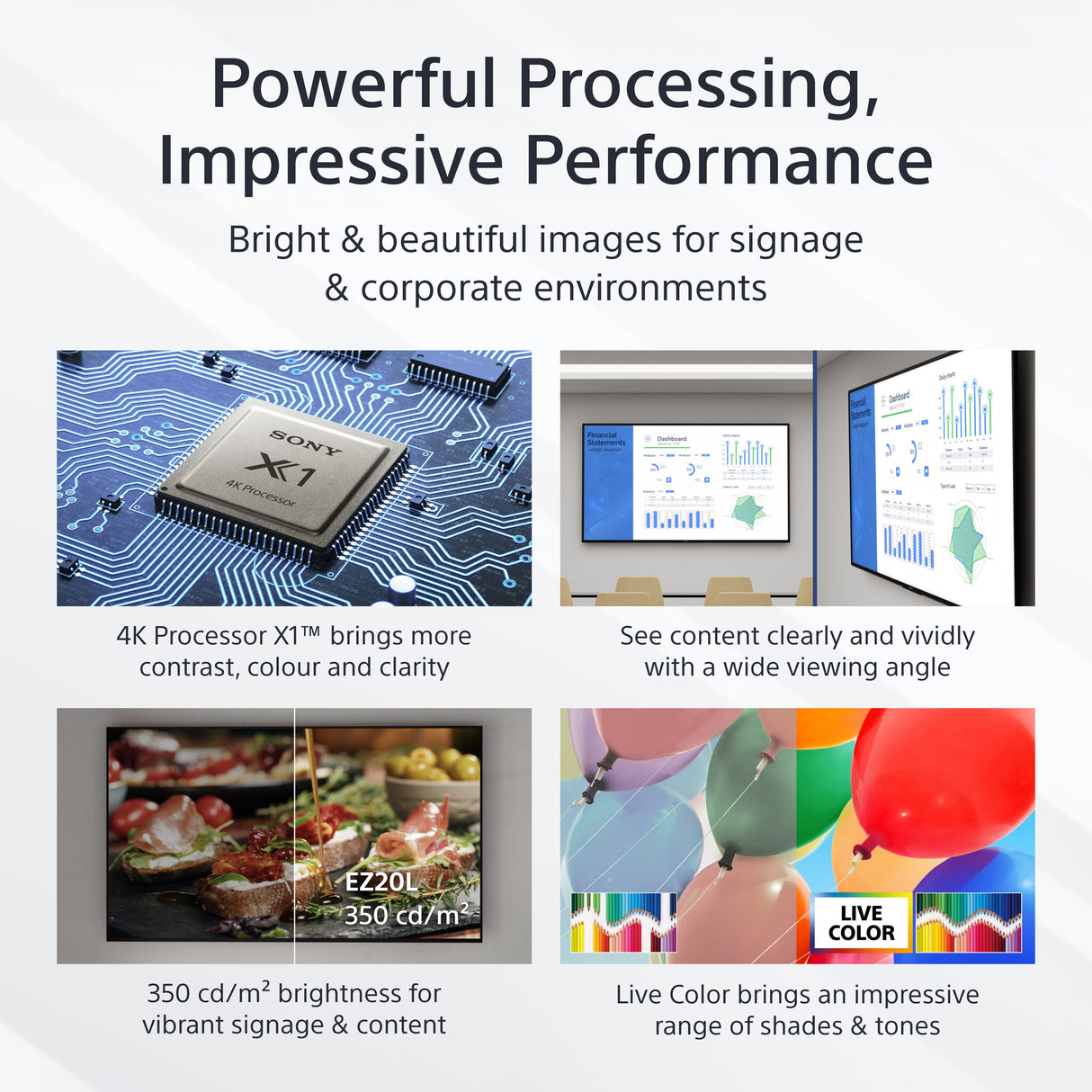 Sony FW-43EZ20L Signage Display Digital signage flat panel 109.2 cm (43") LED Wi-Fi 350 cd/m² 4K Ultra HD Black Android 16/7