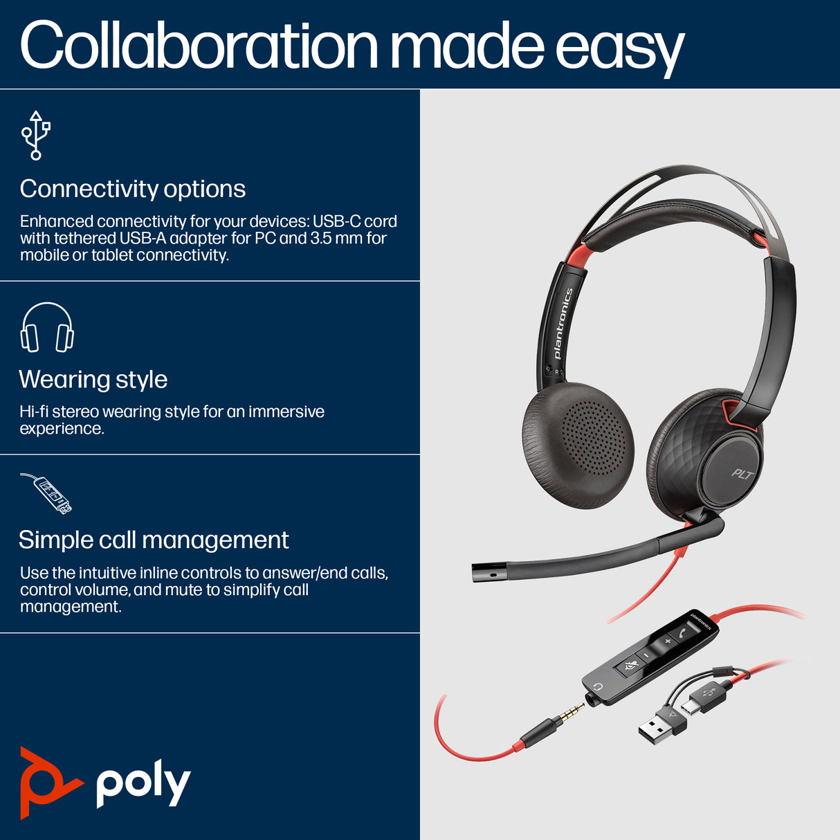 Poly Blackwire 5220 Stereo USB-C Headset +3.5mm Plug +USB-C/A Adapter (Bulk)