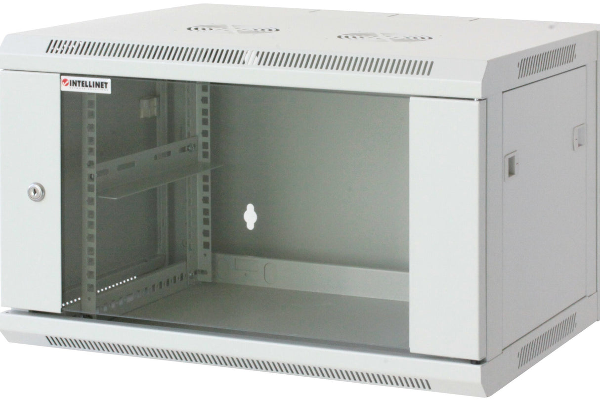 Intellinet 19" Network Cabinet - Wall Mount (Standard), 12U, 450mm Deep, Grey, Assembled, Max 60kg, Suitable also for use on desk or floor, Usable Depth 350mm, Metal & Glass Door, Back Panel, Removeable Sides, Parts for wall install (eg screws/rawl plugs)