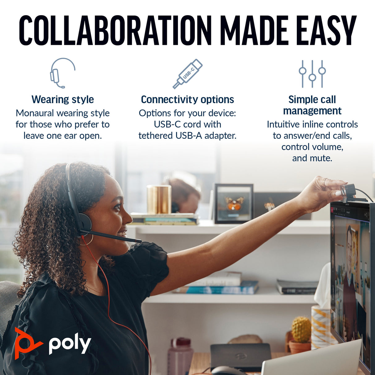Poly Blackwire 3210 Monaural USB-C Headset +USB-C/A Adapter