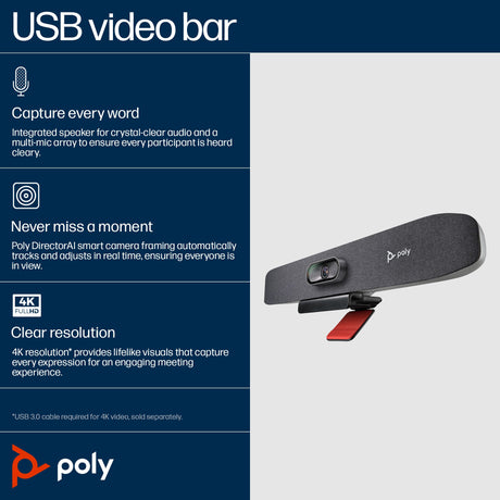 Poly Studio R30 USB Video Bar No Radio GSA/TAA